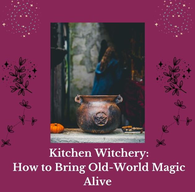 Kitchen witchery cover image features a cauldron in the foreground