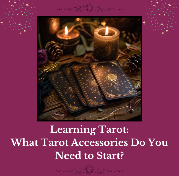 Title card with purple background, candles and tarot cards