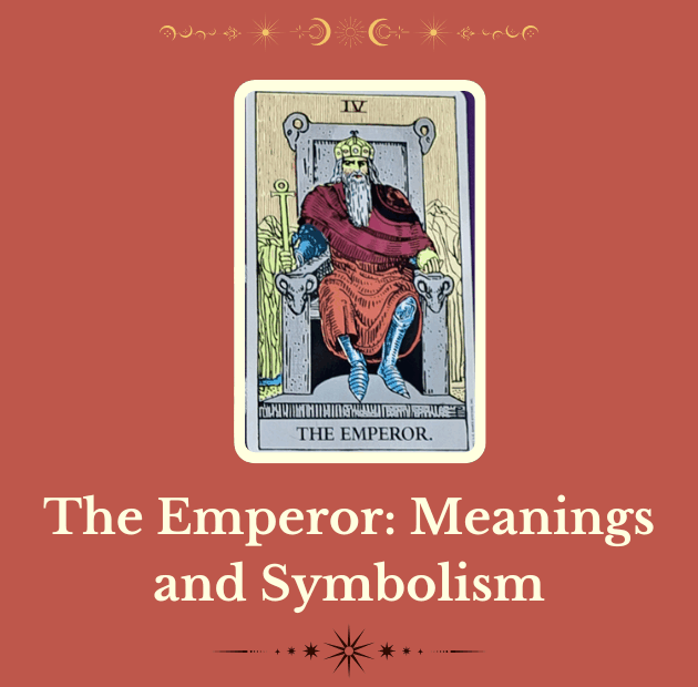 Image of The Emperor card with title of the post and design elements